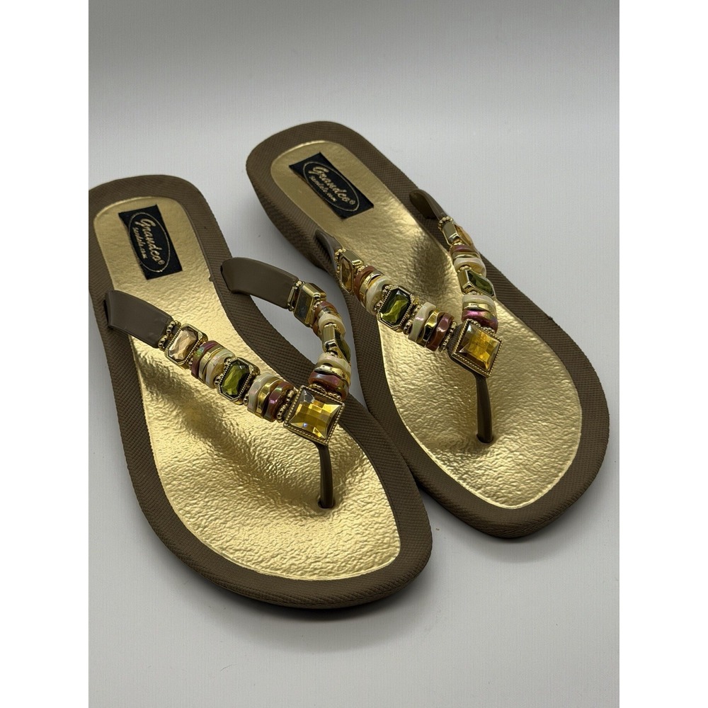 GRANDCO SANDALS Beach Pool THONG Brown BLING GemsJeweled DRESSY Flip Flops Sz 10
